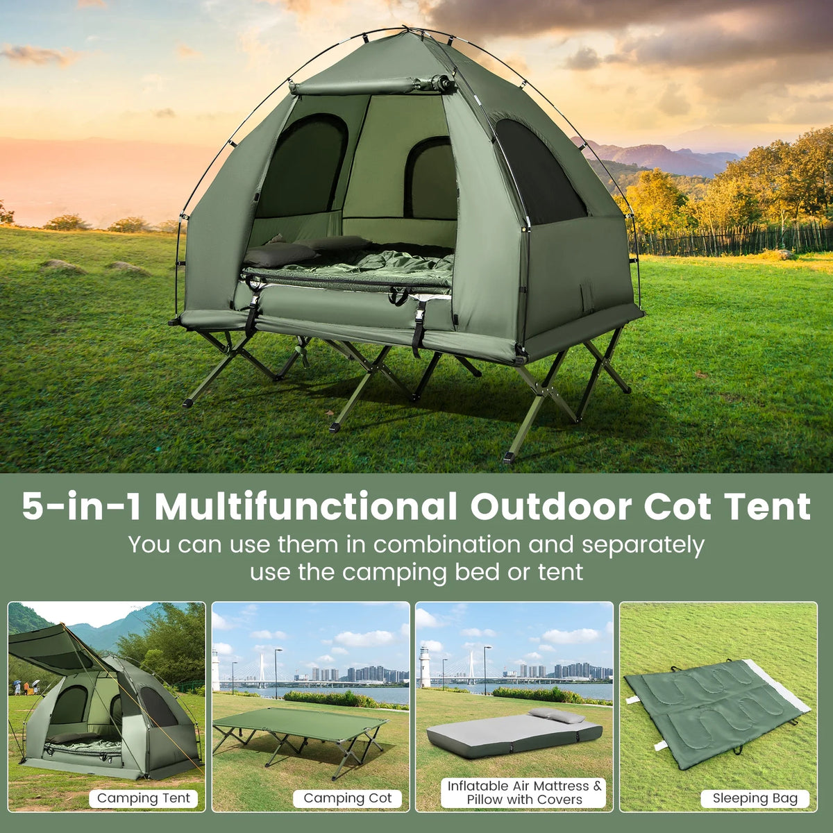 Gymax 2-Person Camping Tent Cot 5-in-1 Folding Camping Bed w/ Air Mattress Pillow Sleeping Bag