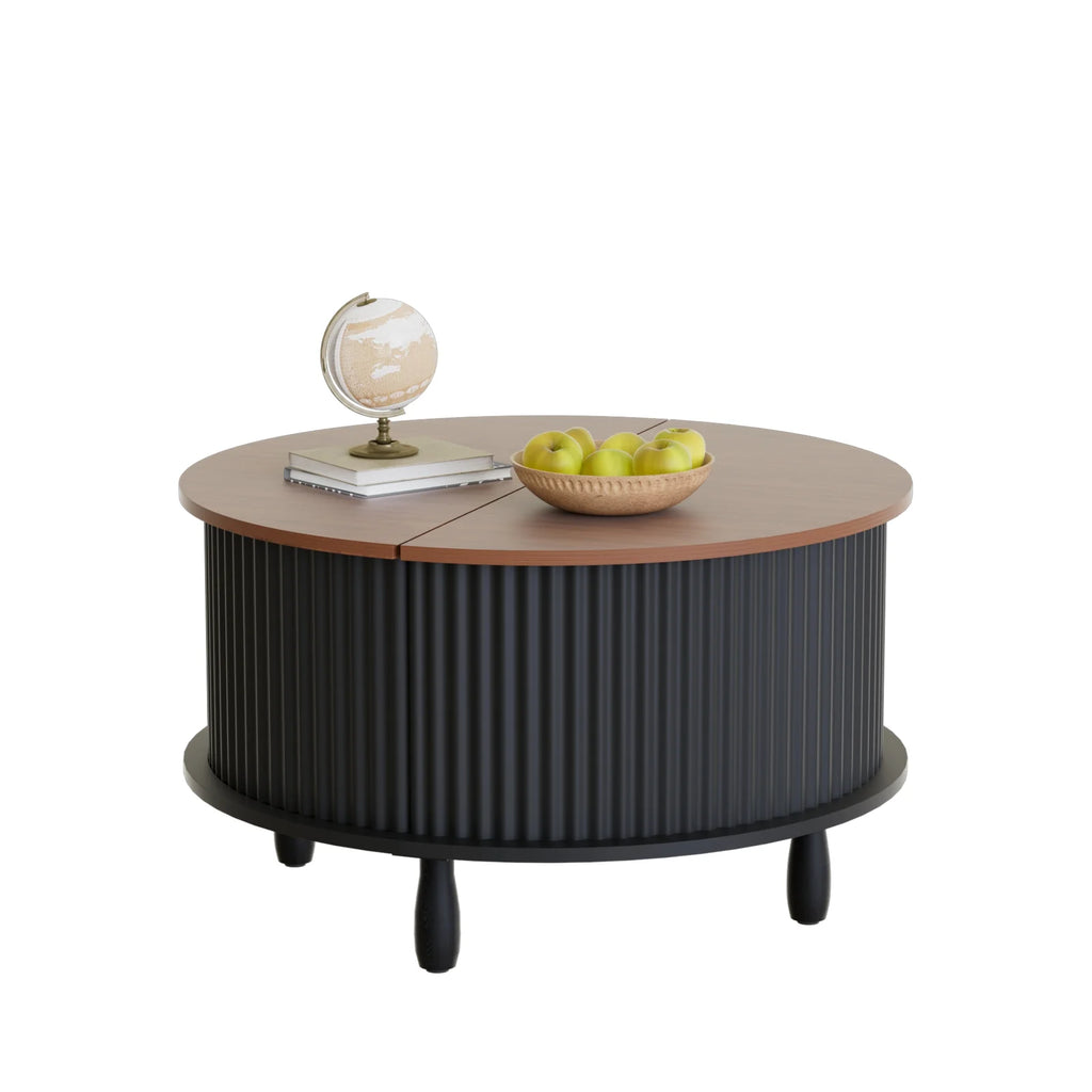 RUMLIVE Round Coffee Table with Storage, 30.7" Modern Coffee Table with 360 Curved Sliding Door, Fluted Wood Coffee Table with Footpads, Round Center Table for Living Room, Black