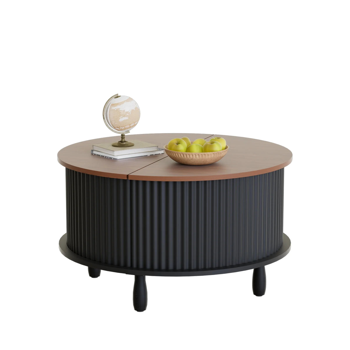 RUMLIVE Round Coffee Table with Storage, 30.7" Modern Coffee Table with 360 Curved Sliding Door, Fluted Wood Coffee Table with Footpads, Round Center Table for Living Room, Black
