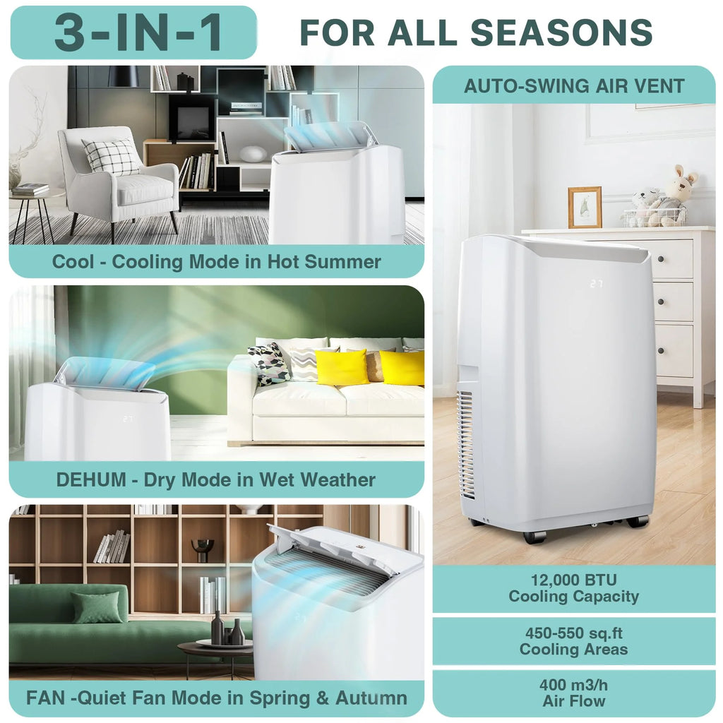 TROPOW Portable Room Air Conditionerss, 12,000 BTU Portable AC Unit with Multi-Speed Fan, Dehumidifier Mode, Easy-to-Clean Washable Filter,White
