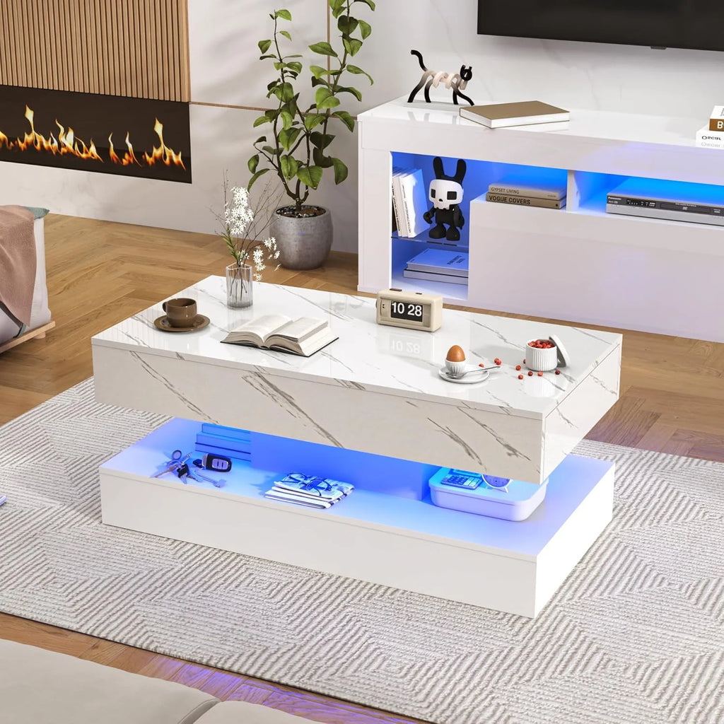 ChVans Large Black LED Coffee Table with 2 Storage Drawers, Modern High Gloss Coffee Table w/20 Colors LED Lights/APP Control, 2 Tiers Rectangle Large Living Room Furniture w/Marbling Print(47.3")