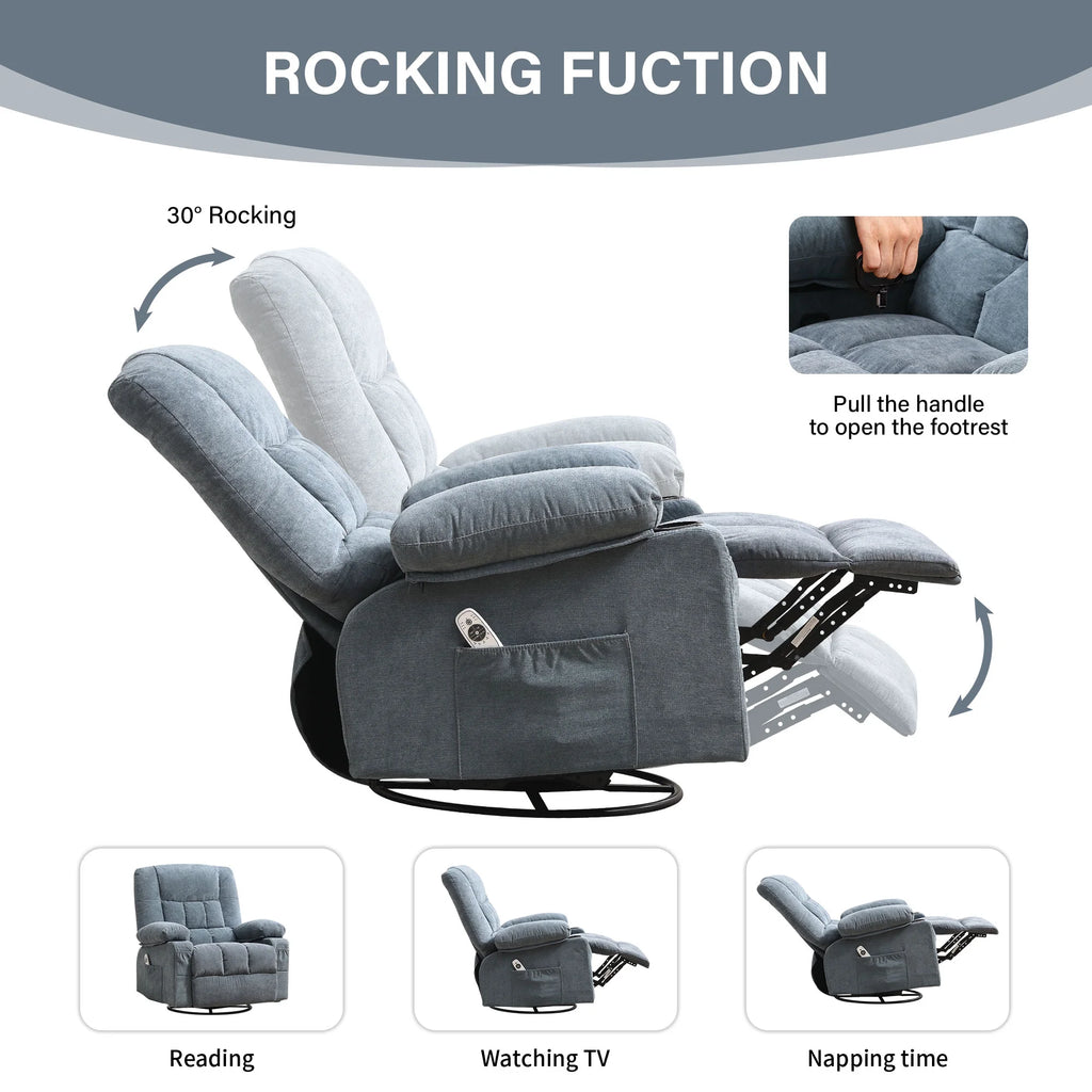JONPONY Massage Swivel Rocker Recliner Chair with Vibration Massage and Heat Ergonomic Lounge Chair for Living Room with Rocking Function and Side Pocket, 2 Cup Holders, USB Charge Port,Grey