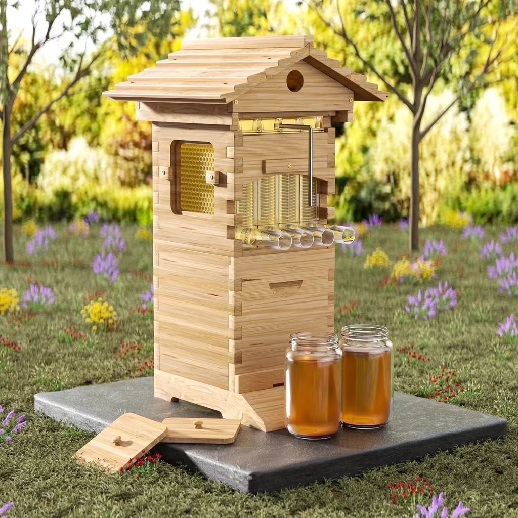 AUSHIVE Wax Coated Cedarwood Bee Beehive Kit with 4 Beehive Frames & 6 Brood Frames, Beige