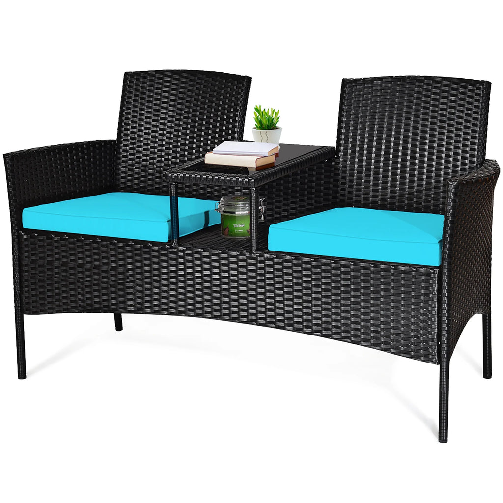 Costway Patio Rattan Conversation Set Seat Sofa Cushioned Loveseat Chairs Turquoise