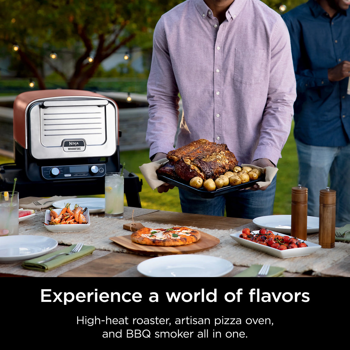 Ninja Woodfire? Pizza Oven, 8-in-1 outdoor oven, 5 Pizza Settings, Ninja Woodfire? Technology, up to 700F heat, BBQ smoker, electric