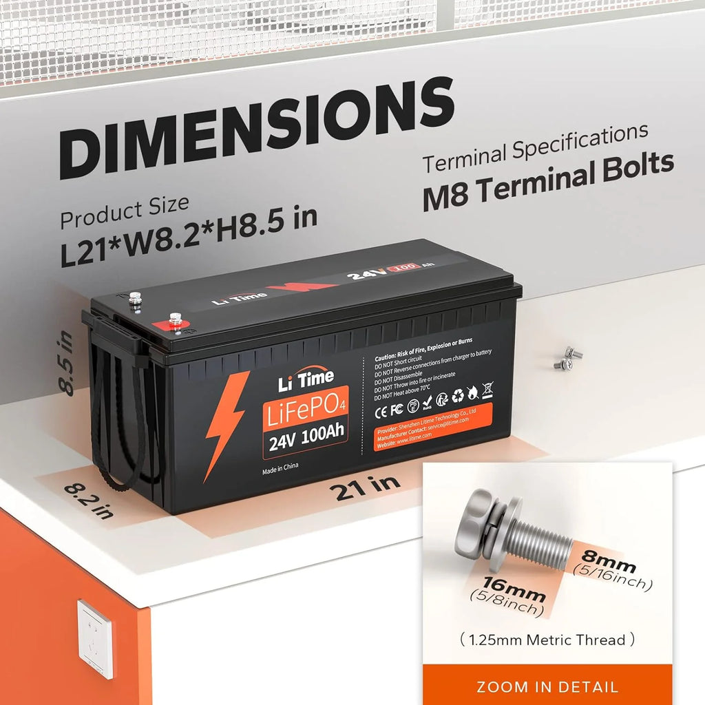 LiTime 24V 100Ah LiFePO4 Battery 100A BMS Max. 2560W Rechargeable Lithium Battery for Camper