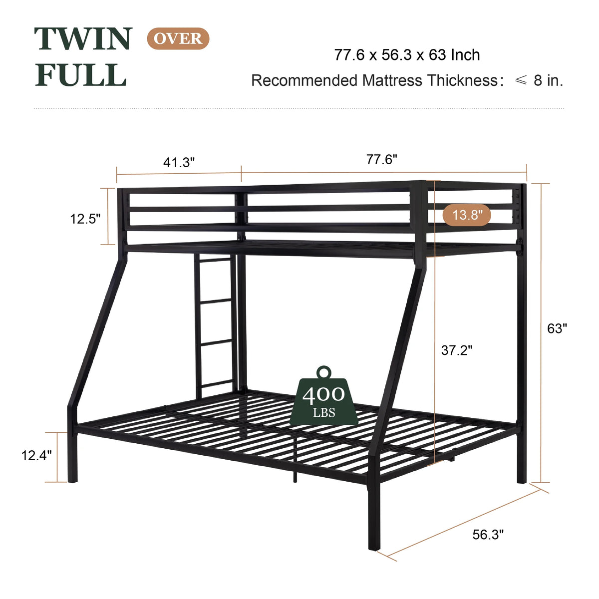 Amolife Twin over Full Size Metal Bunk Bed with Removable Ladder, Full-Length Guardrail, Black