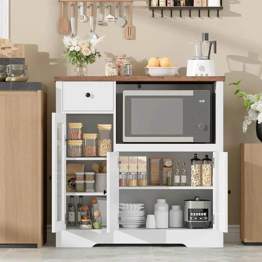 Kitchen Microwave Cabinet with Storage,Buffet Sideboard with 3 Doors, 1 Drawer & Adjustable Shelves, Pantry Storage Cabinet, White