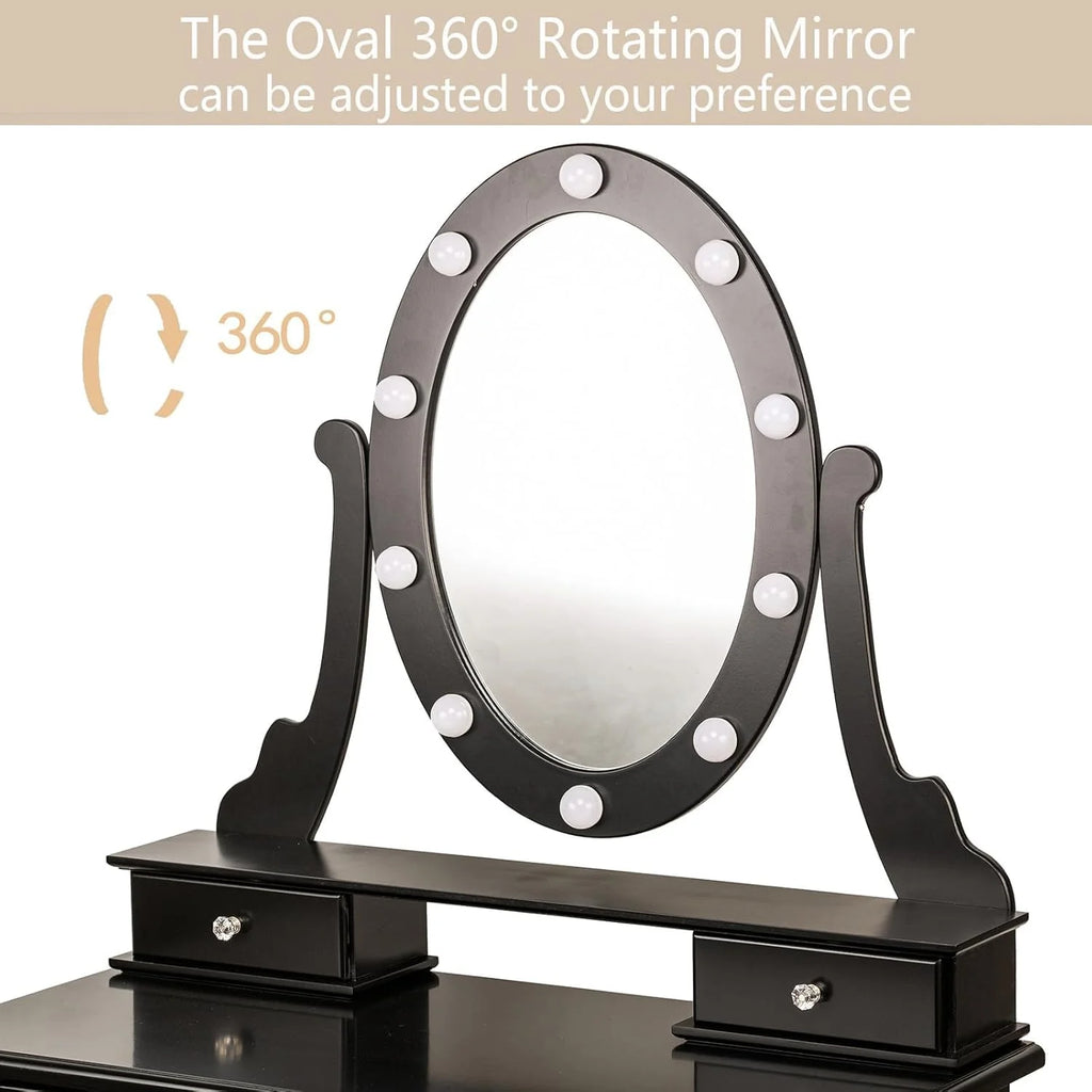 TROPOW Vanity Desk,Makeup Vanity,with Mirror and Lights,Vanity Desk with Mirror and Lights, Wood Makeup Dressing Table Stool with & Oval Mirror 3 Colors Lighting Modes Modern,Black