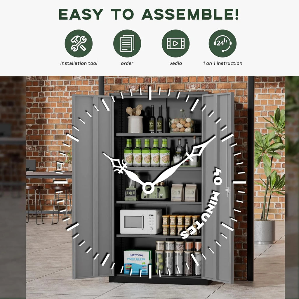 SOLAURA 72 inches Tall Metal Garage Storage Cabinets, Lockable Steel Storage Cabinet with Doors and Adjustable Shelves for Office, Home, Shops, Garage, Assembly Required, Black