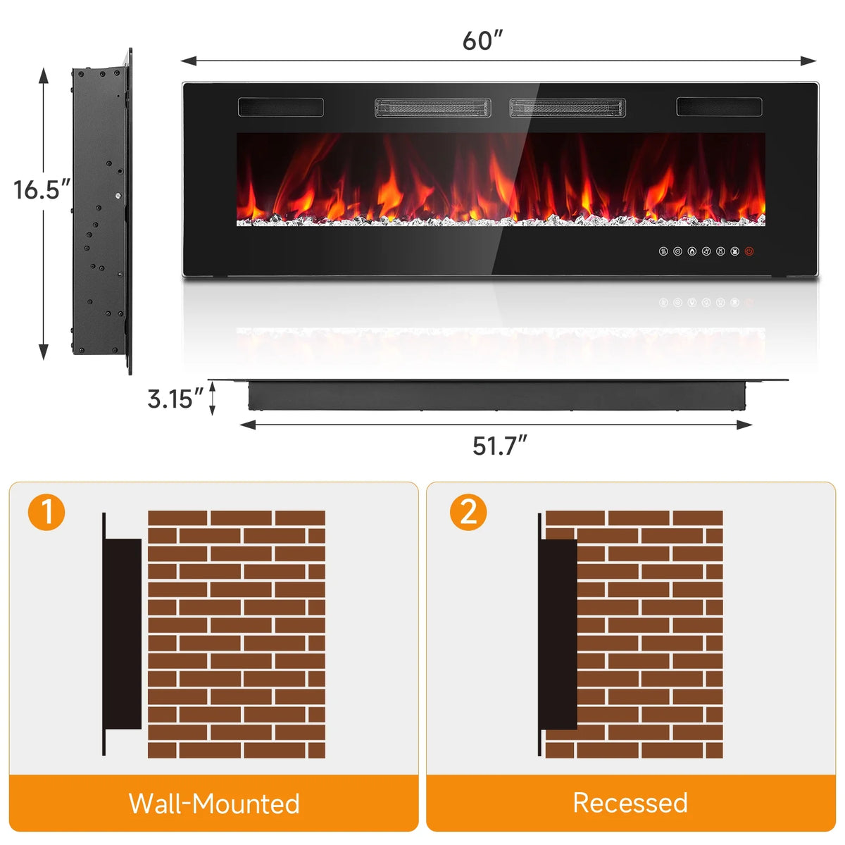 Dovov 50" Wall Mounted Electric Fireplace, Recessed Mirrored Fireplace Heater 750/1500W Ultra Thin Linear Fireplace with Remote Control, Touch Screen, Timer, 2 Heat Fans, Multicolor Flame