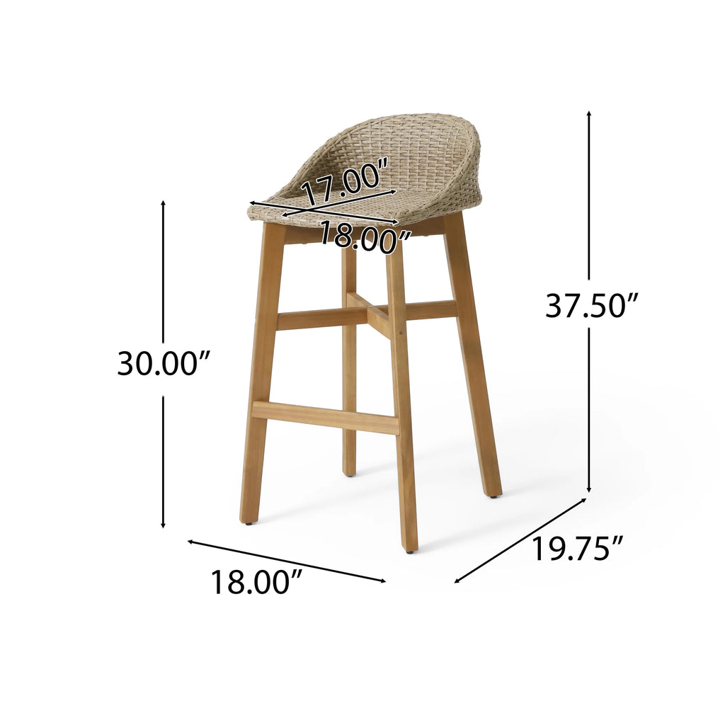 Borah Wicker and Acacia Wood Outdoor Barstools, Set of 4, Light Multibrown and Teak