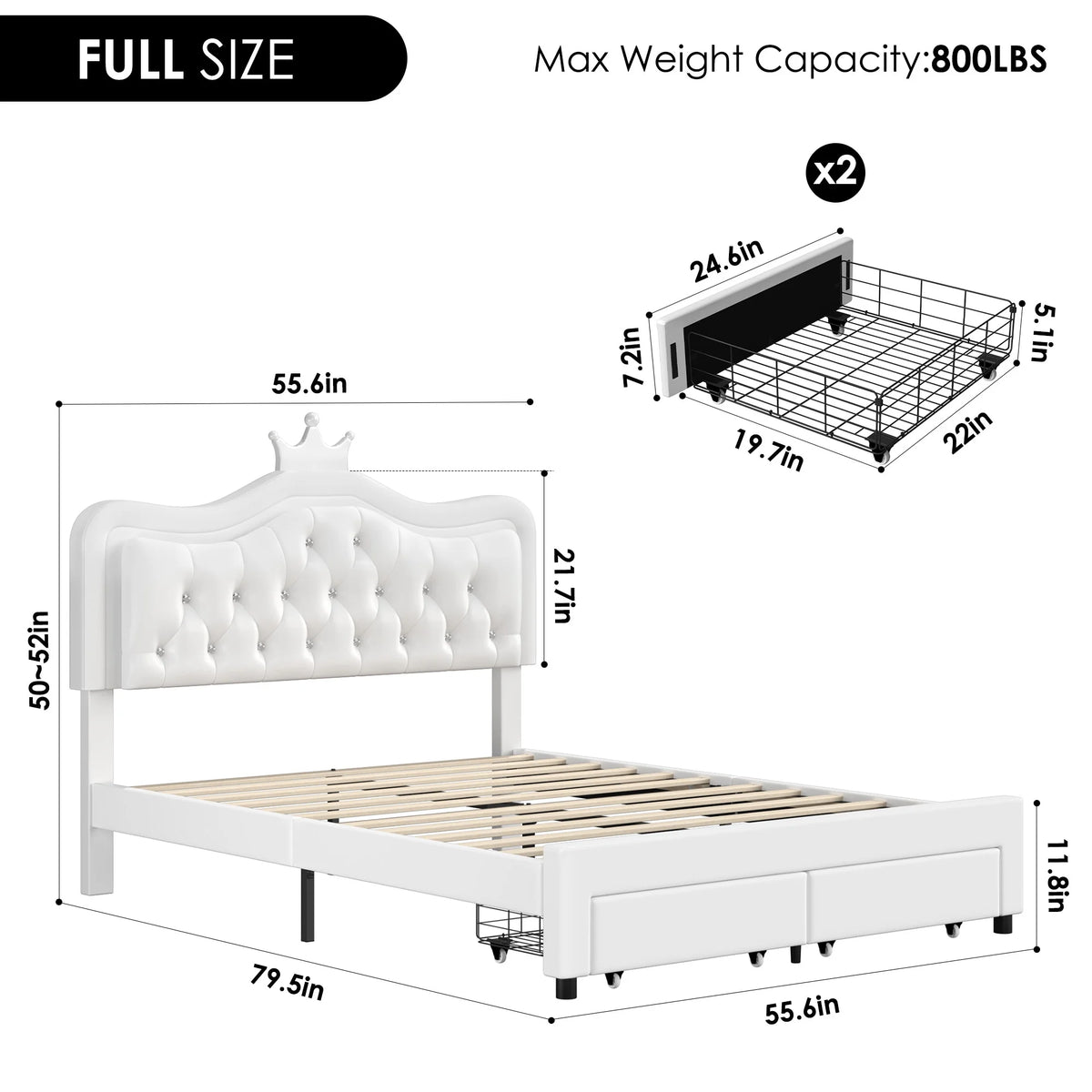 Homfa Full Size Bed, LED Upholstered Bed with Adjustable Crystal Button Tufted Crown Headboard, Soft PU Princess Platform Bed with Storage Drawers, Pink