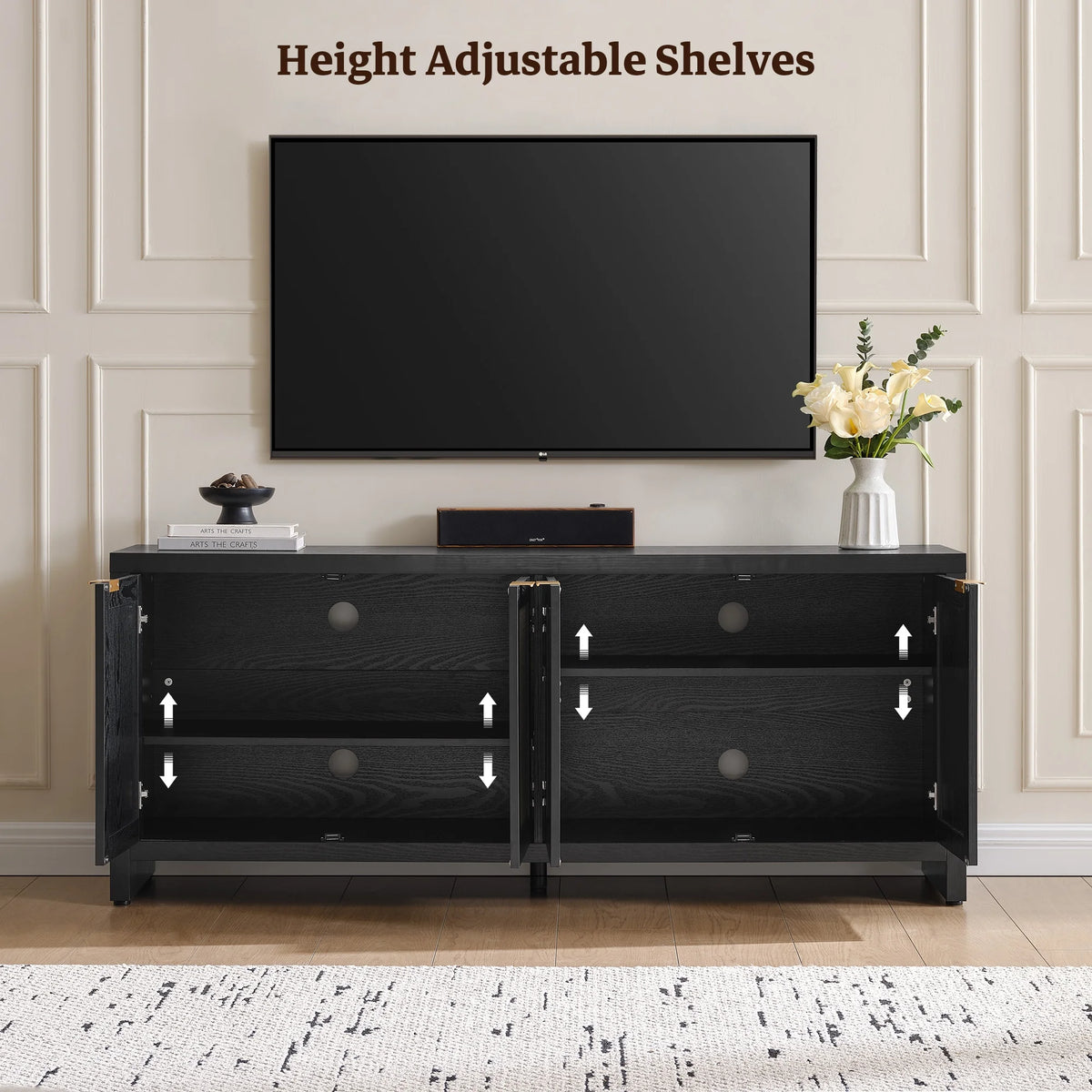 SICOTAS 61.5"W Rattan TV Stand with 4 Doors, Boho Entertainment Center with Adjustable Shelves & Spacious Countertop Large Boho Farmhouse Media Console for Living Room, Reclaimed Caramel Oak