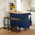 3 Pieces Farmhouse Style Kitchen Island Set with 2 Dining Stools, Kitchen Island with Adjustable Shelf, 4 Drawers, 2-Door Cabinet, Towel Rack & Rubber Wood Tabletop, Blue