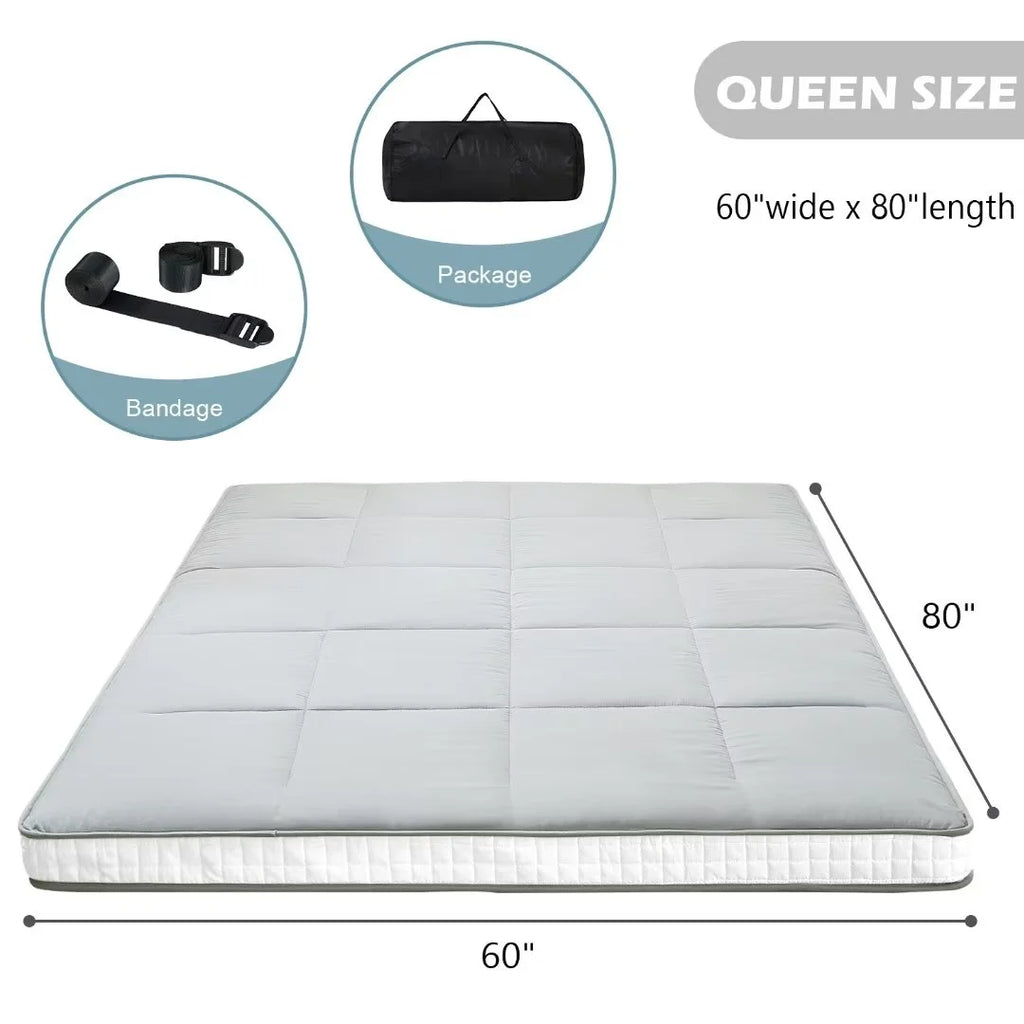 NAIZEA Japanese Floor Mattress, Extra Thick Memory Foam Futon Mattress, Foldable Roll Up Sleeping Pad with Bandage and Storage Bag, Queen, Gray
