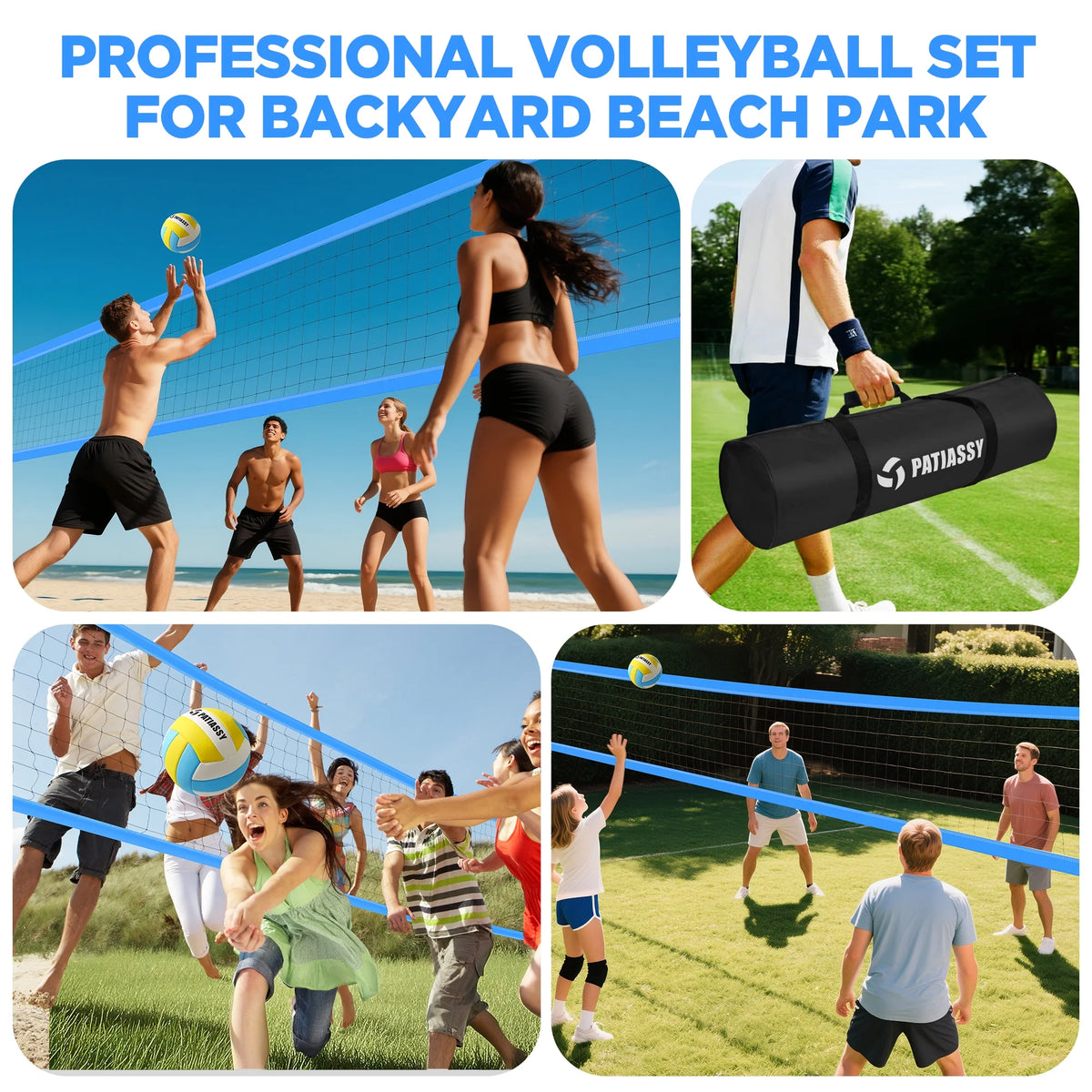 Patiassy Portable Professional Outdoor Volleyball Net Set for Backyard Beach with Adjustable Height Aluminum Poles, Winch System, Volleyball with Pump