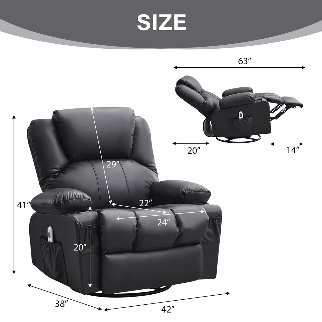 JONPONY Manual Recliner Chair with Heat Therapy and Massage Function, Heavy Duty Reclining Mechanism Massage Chair, Elderly Single Rocker Sofa with Cup Holders for Bedroom Home Theater,Black