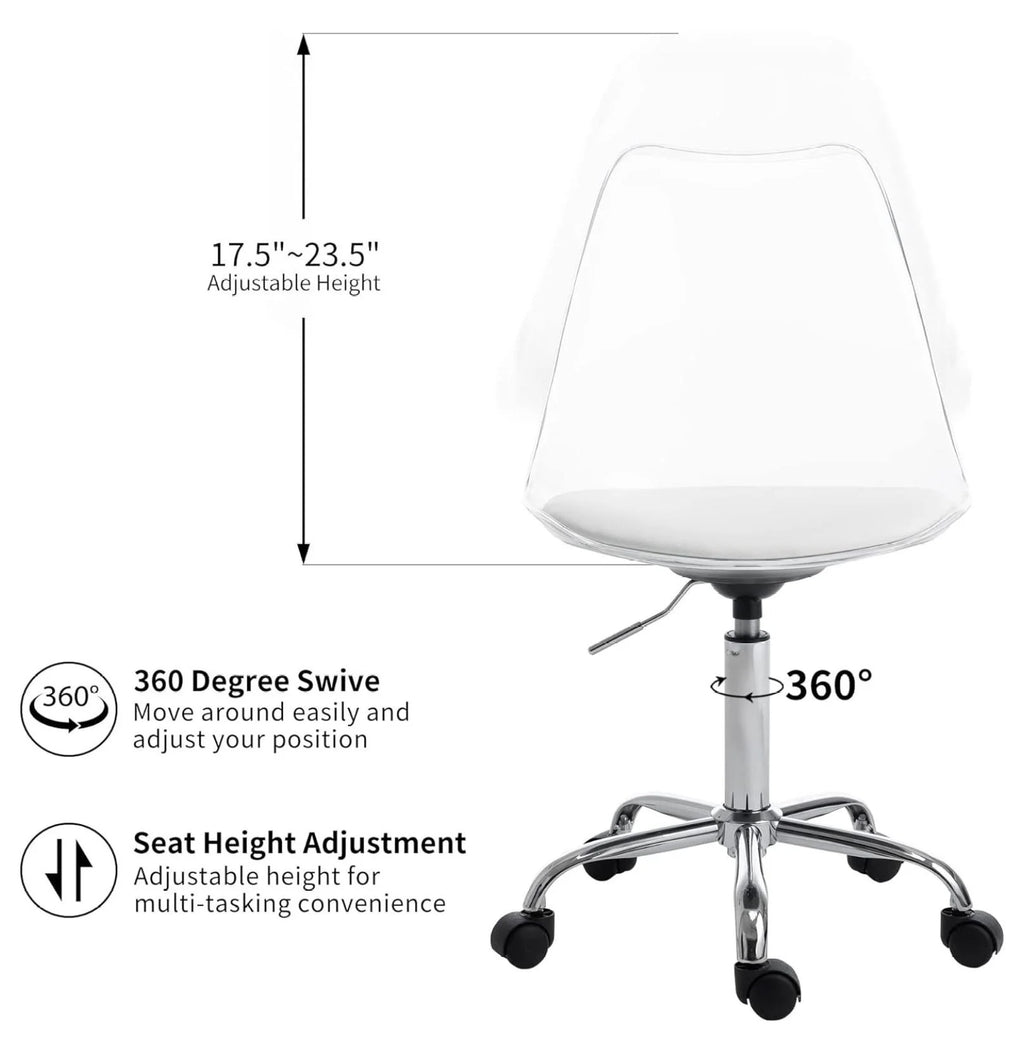 saney Clear Rolling Chair, Armless Desk Chair with Golden Feet Swivel Molded Plastic Shell Adjustable Home Office Chair with Wheels, Clear