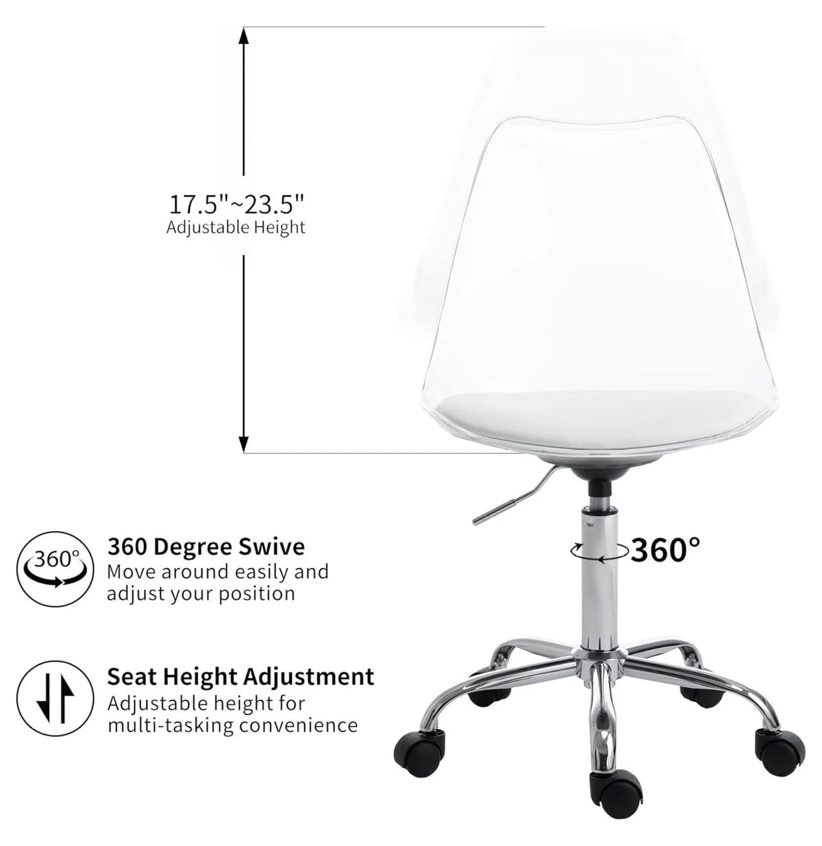 saney Clear Rolling Chair, Armless Desk Chair with Golden Feet Swivel Molded Plastic Shell Adjustable Home Office Chair with Wheels, Clear