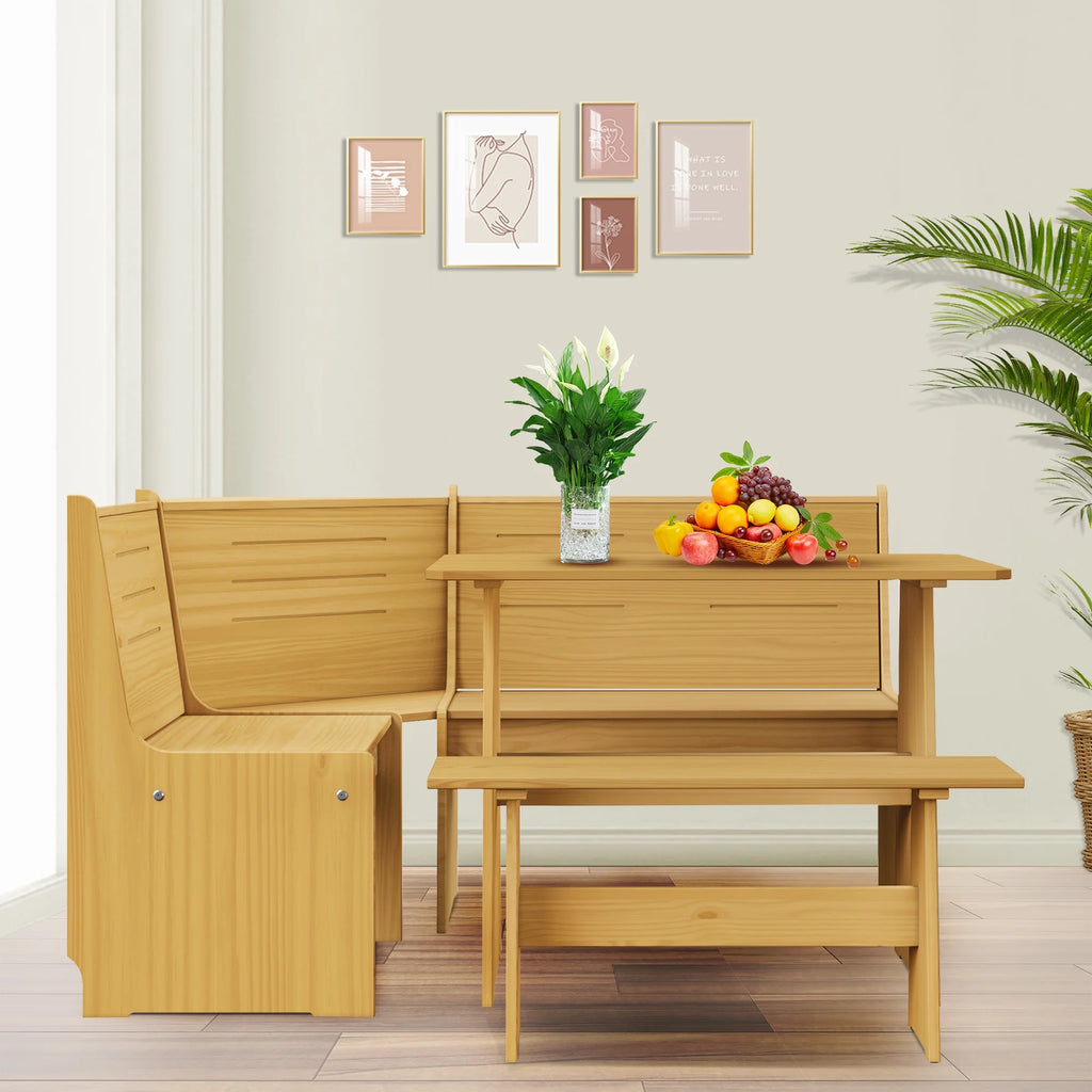 Breakfast Nook Kitchen Corner Dining Table Bench Chair Set, Space-Saving 3-4 Seat L-Shape Farmhouse Mid Century Modern Style for Family Home Black Wood