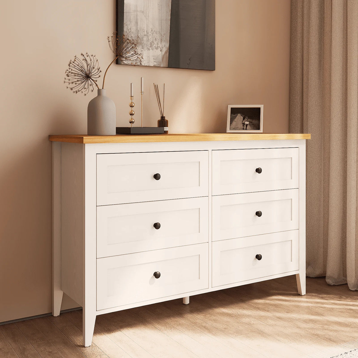 RichYa 6 Drawer Dresser for Bedroom,Chest of Drawers with Metal Knobs,Dresser for Closet,White