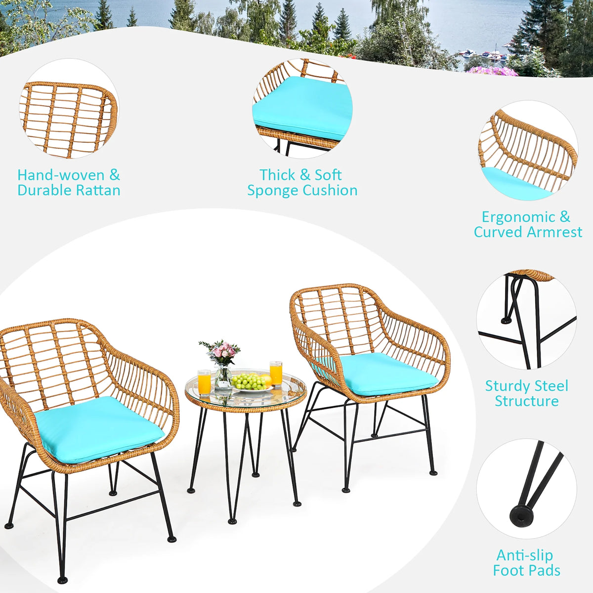 Costway 3PCS Patio Rattan Bistro Furniture Set Cushioned Chair Table Navy