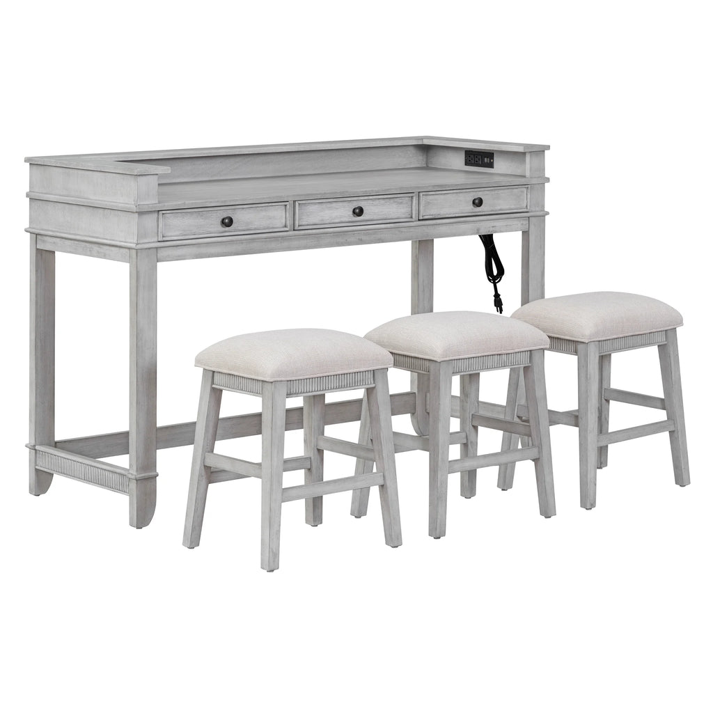 Harper & Bright Designs 4 Piece Bar Table Set for 4, Kitchen Dining Stools Set with 3 Upholstered Stools with 3 Drawers and USB Port, Gray