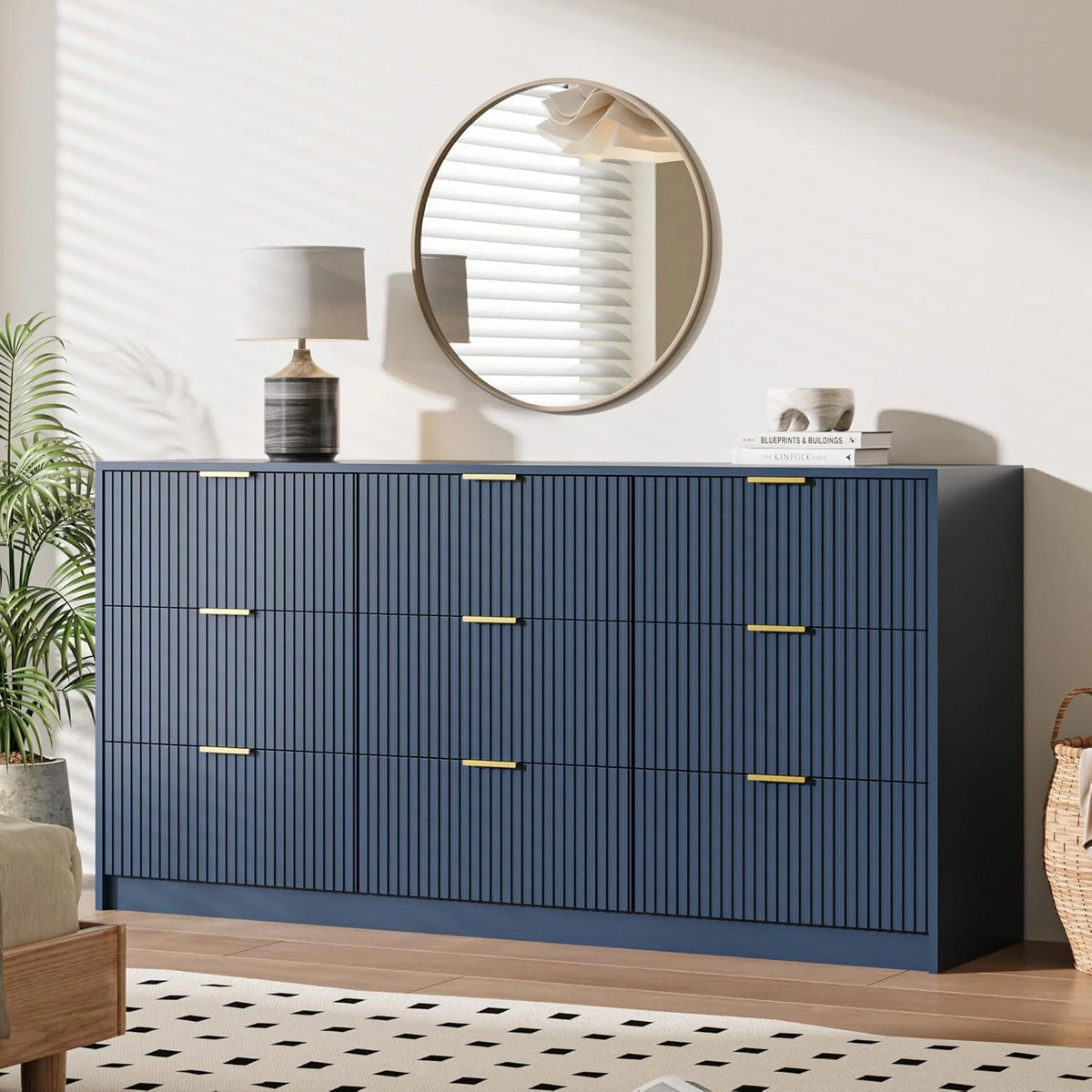 Furniway Fluted Large 9-Drawer Black Dresser