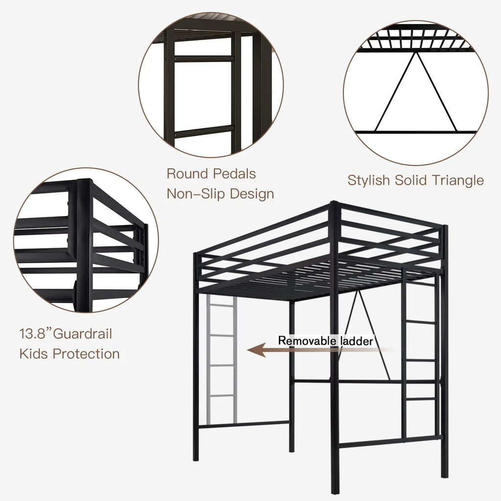 Einfach Metal Twin Size Loft Bed with Removable Ladder & Full-Length Guardrail, White