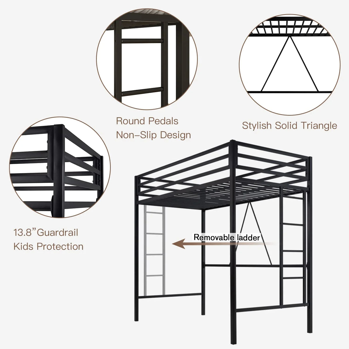 Einfach Metal Twin Size Loft Bed with Removable Ladder & Full-Length Guardrail, White