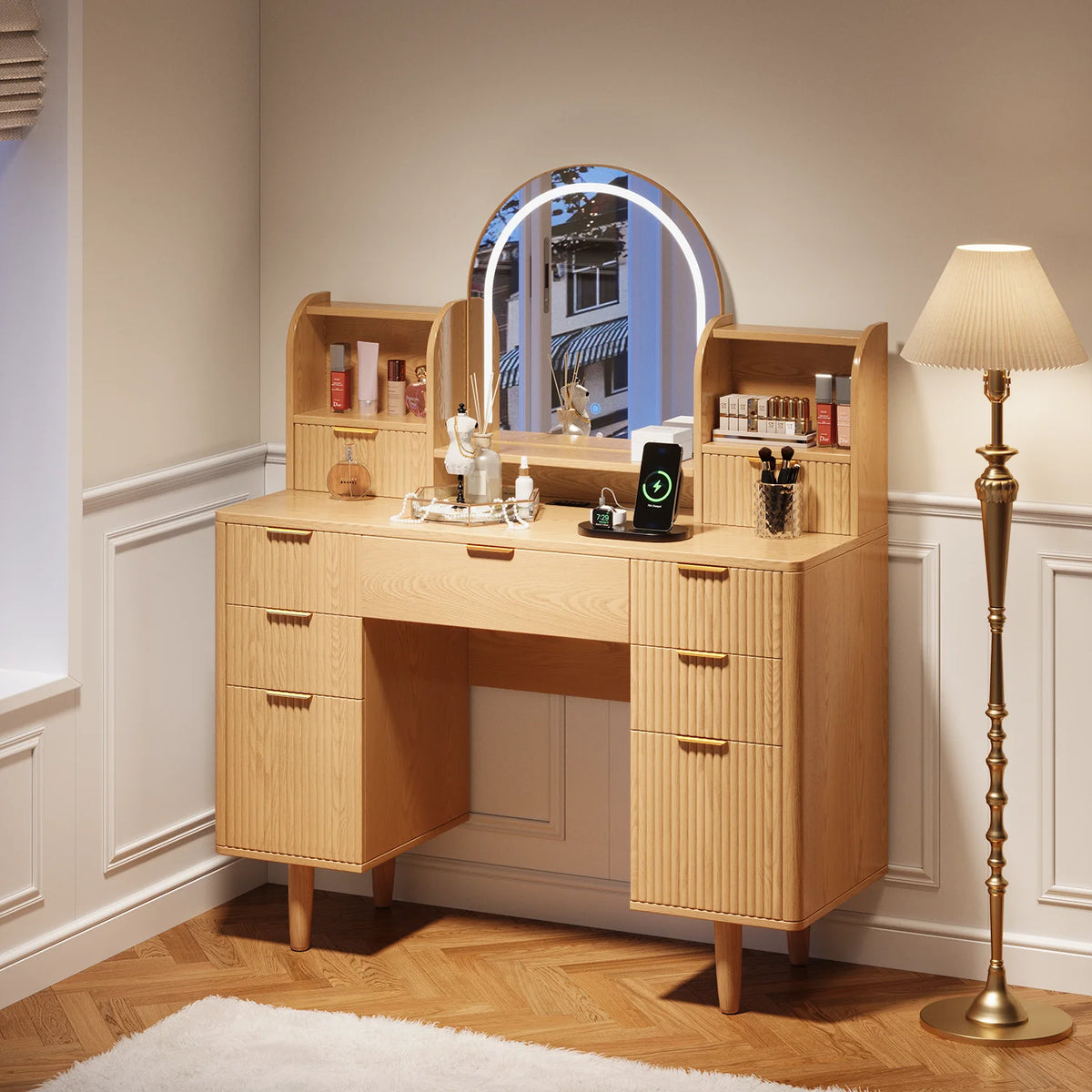 UGTOO 45.2" Modern Vanity Desk with LED Mirror & USB Charging, Wood Makeup Dressing Table with 7 Drawers for Bedroom