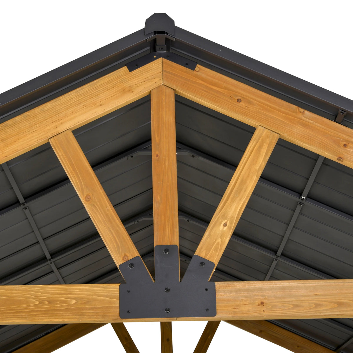 Outsunny 11x13 Hardtop Gazebo with Wooden Frame, Permanent Metal Roof Gazebo Canopy with Ceiling Hook for Garden, Patio, Backyard