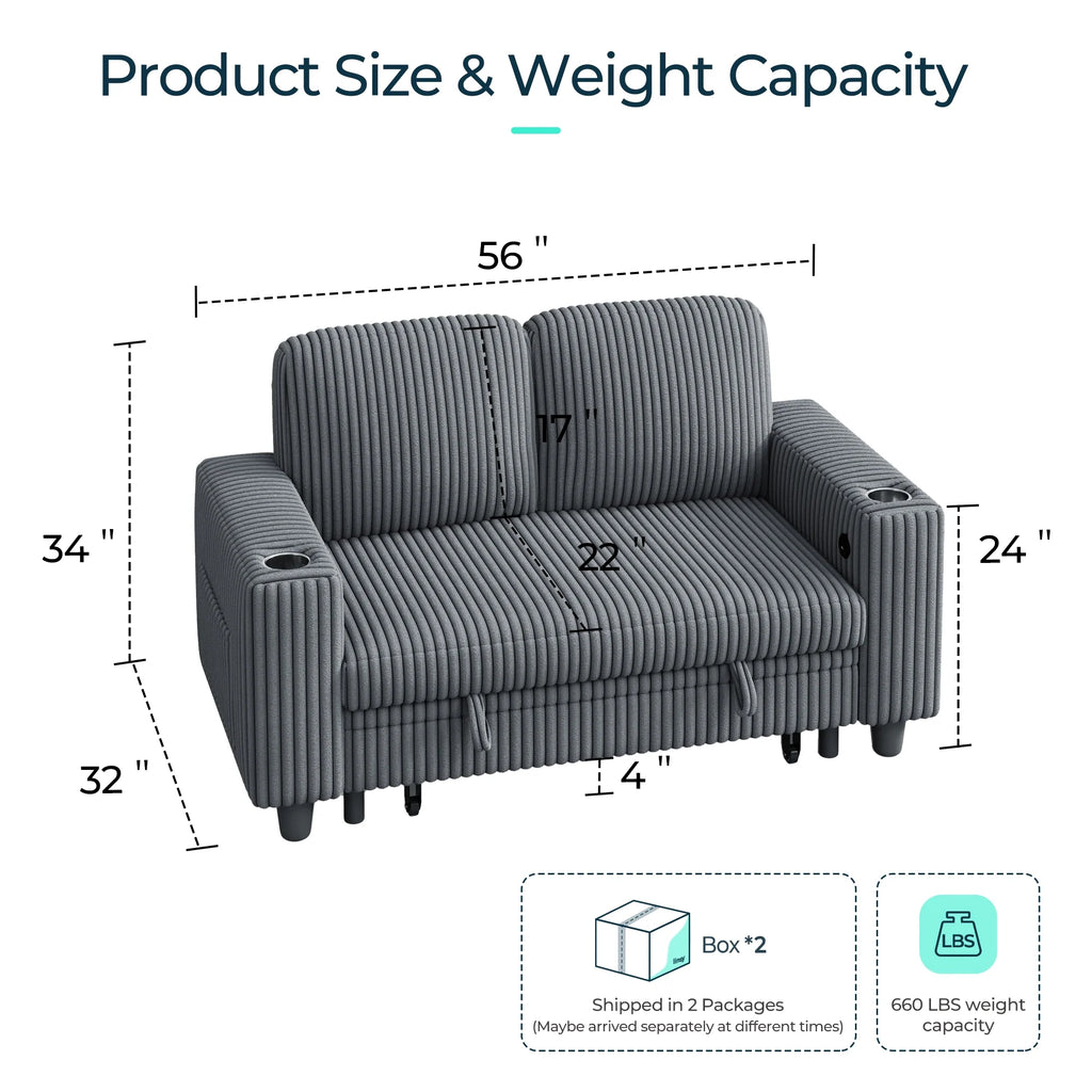 Linsy Home Plush Corduroy Pull Out Couch Chaise Lounge, Convertible Loveseat Sofa Couch With Usb & Cup Holder, Green
