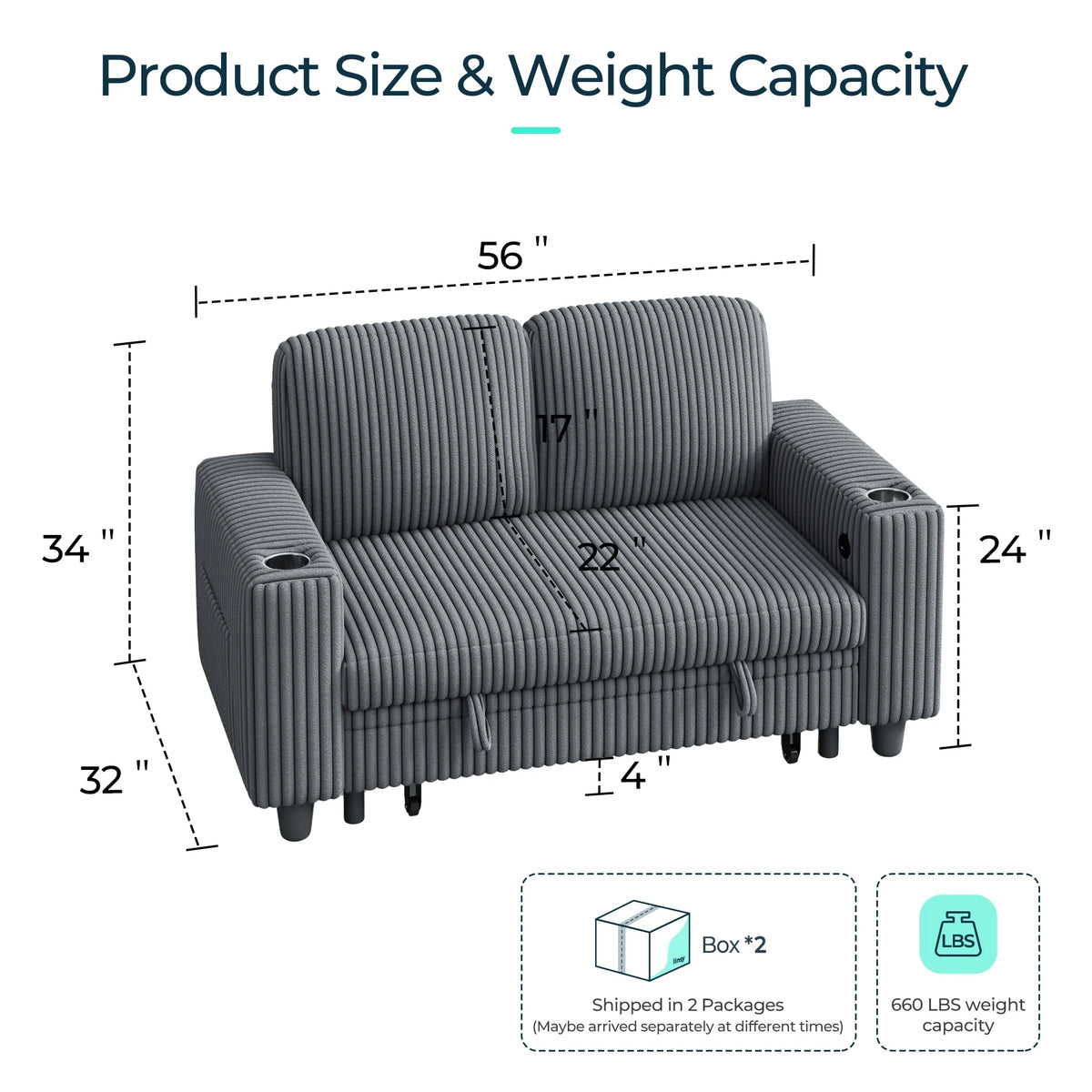 Linsy Home Plush Corduroy Pull Out Couch Chaise Lounge, Convertible Loveseat Sofa Couch With Usb & Cup Holder, Green