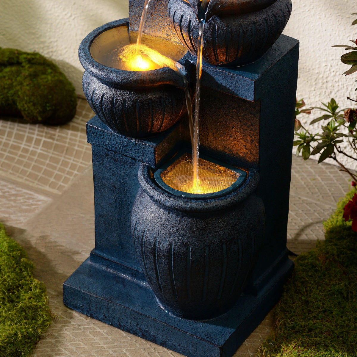 Teamson Home Outdoor Water Fountain with Lights 4-Tier Cascading Bowl Design with LED Light & Solar Pump, Solar-Powered Water Fountain Outdoor Garden, Yard, or Patio Dcor, Navy Blue