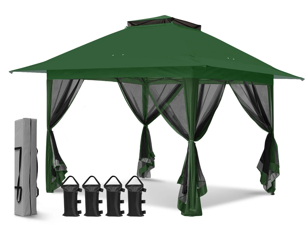 EAGLE PEAK 13' x 13' Pop-Up Gazebo Tent Instant w/Mosquito Netting，Outdoor Gazebo Canopy Easy Set-up Folding Shelter (Beige/Brown)