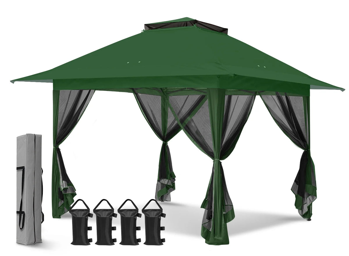 EAGLE PEAK 13' x 13' Pop-Up Gazebo Tent Instant w/Mosquito Netting，Outdoor Gazebo Canopy Easy Set-up Folding Shelter (Beige/Brown)