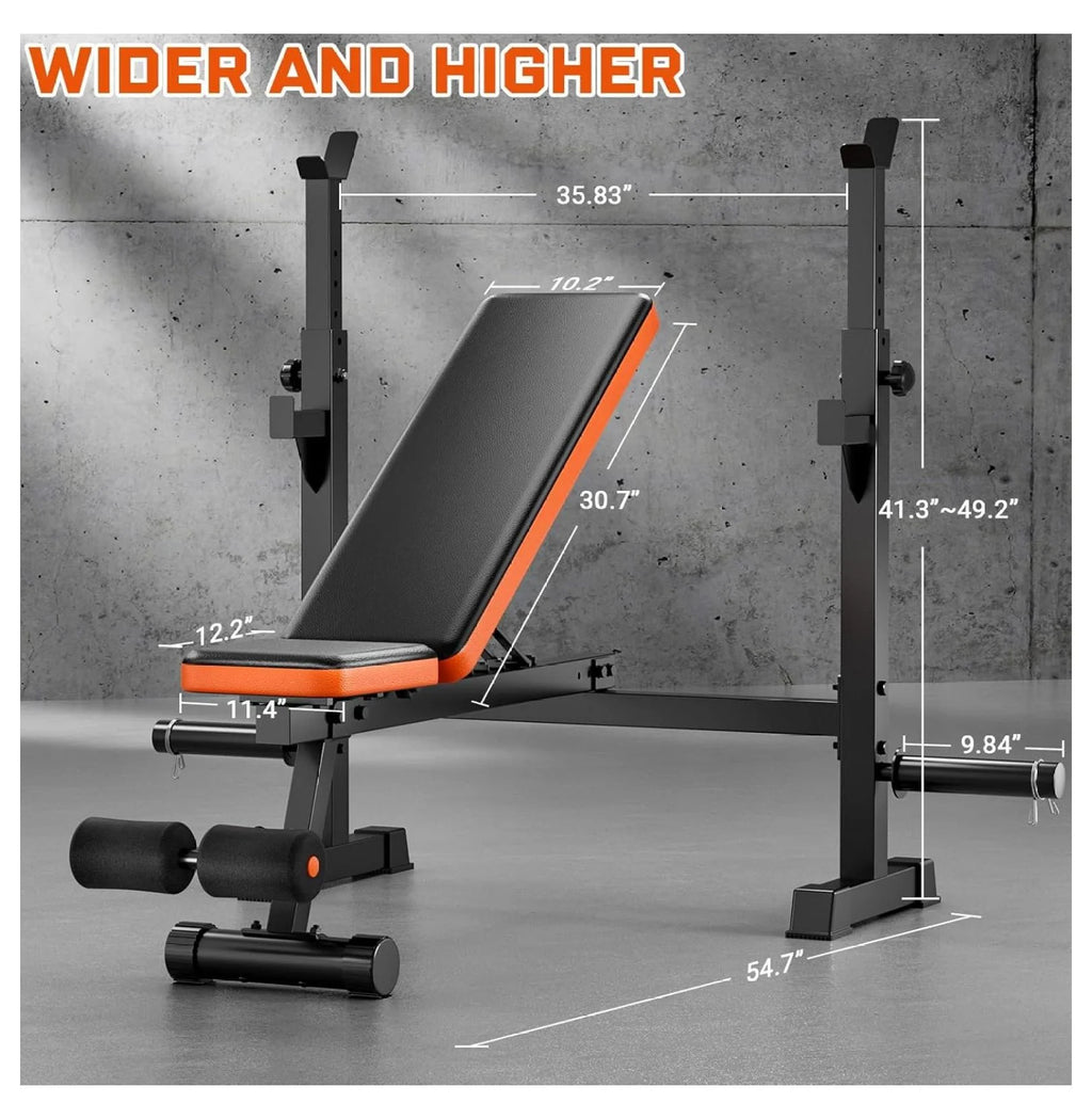 770lbs Weight Set with Squat Rack, 5 in 1 Workout Press With Removable Foot Catch, Adjustable Flat Incline Sit Up for Home Gym Full Body Strength Training orange