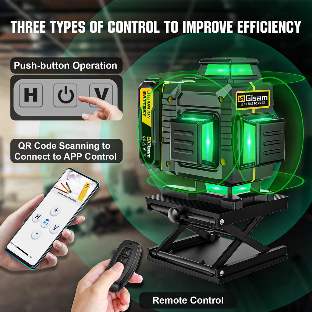 Gisam Laser Level with Tripod , 4x360 Self-Leveling Green Cross Line 4D Laser Tool with Remote Control & 2* 4800mAh Battery
