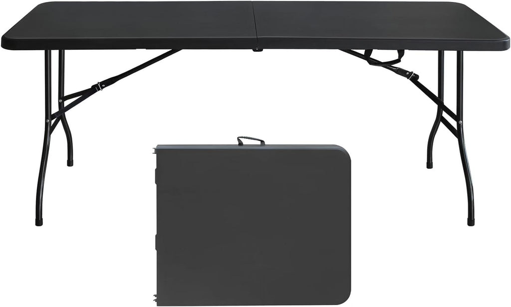 Folding Table with Carry Handle, Portable Fold-in-Half Plastic Table, Rectangle Foldable Table for Indoor