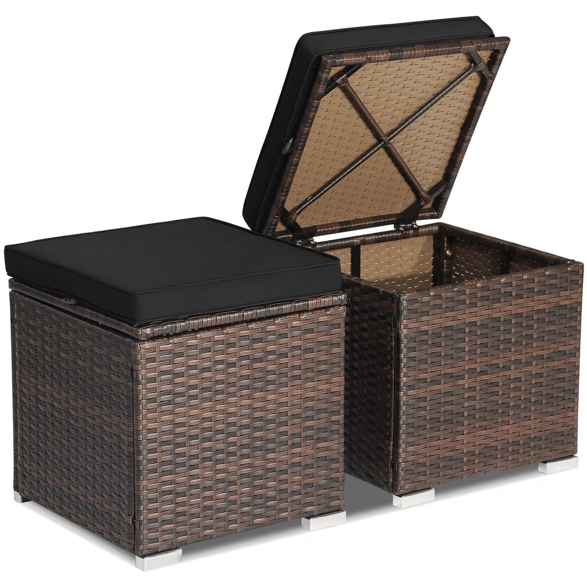 Costway 2PC Patio Rattan Ottoman Seat Side Table Storage Box Footrest Off White