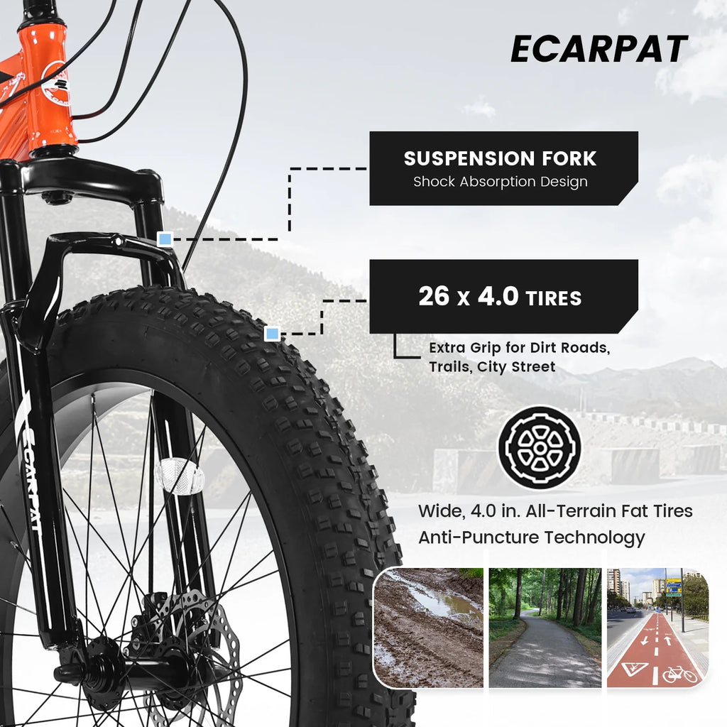 Ambifirner 26 inch City Bike Fat Tire Mountain Bike - Full Shimano 21 Speed - Dual Disc Brake - High-Carbon Steel Frame - Front Suspension for Gift