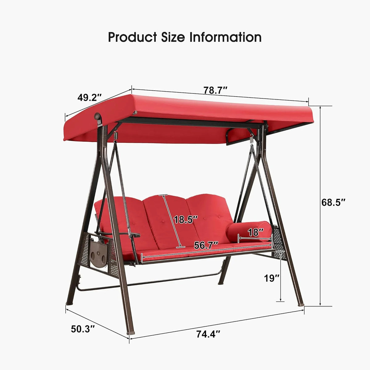 PURPLE LEAF 3-Seat Deluxe Outdoor Patio Porch Swing with Weather Resistant Steel Frame, Adjustable Tilt Canopy, Cushions and Pillow Included, Terra