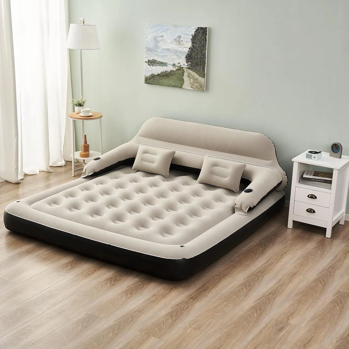 Queen Size Air Mattress Sofa Bed with Headboard and Pillow, Inflatable Bed for Outdoor Overnight