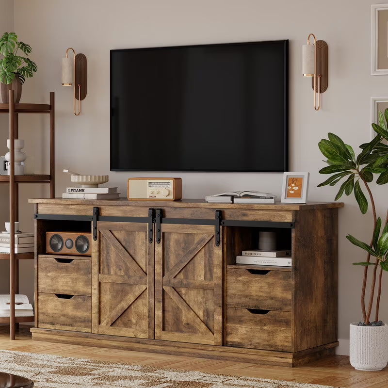 Vineego 70 inch Farmhouse TV Stand for Living Room, Entertainment Center with Sliding Barn Doors & 4 Storage Drawers, Adjustable Shelves Rustic Media Console for Bedroom,White