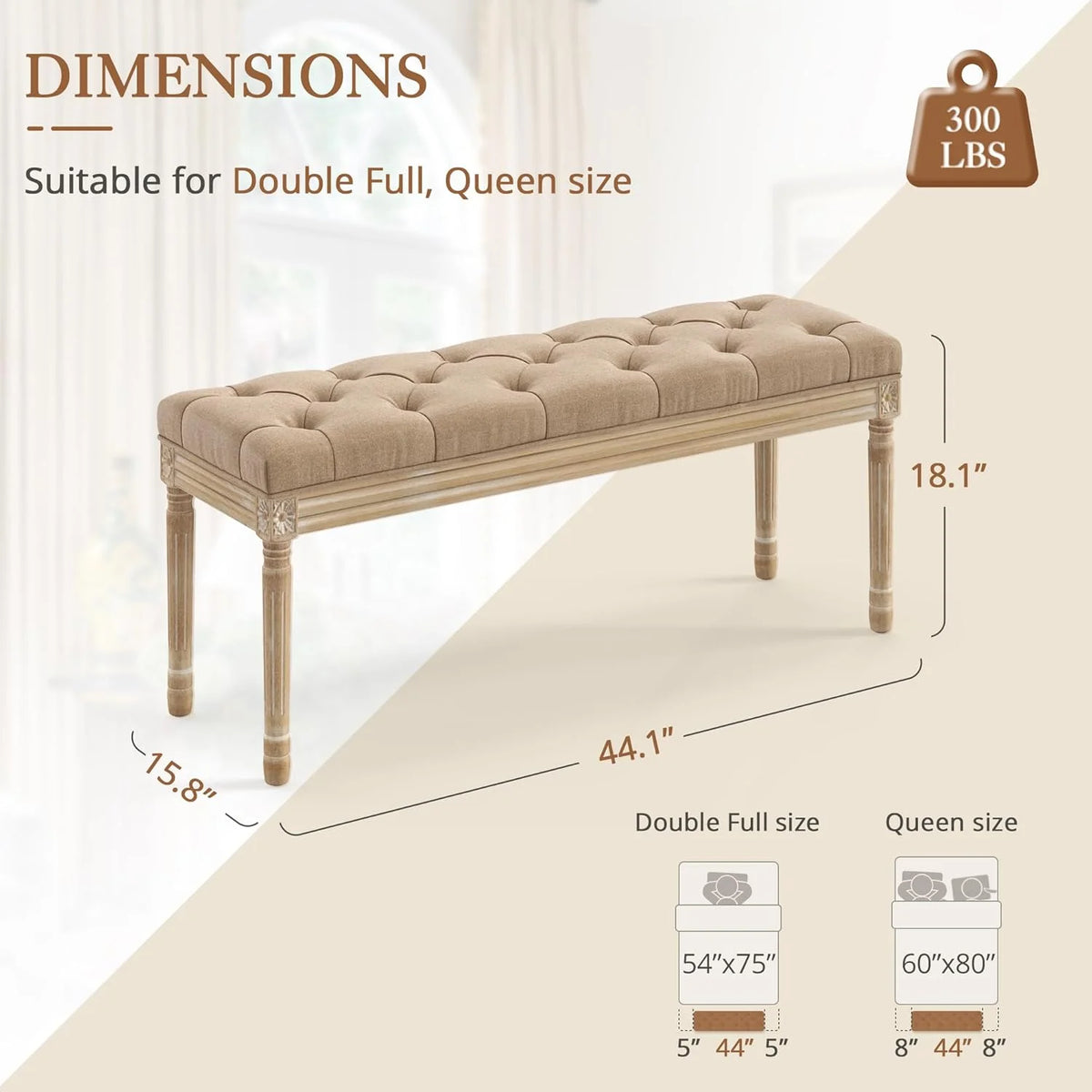 Dycanpo 44'' End of Bed Bench, Vintage Upholstered Bench for Entryway, Wheat