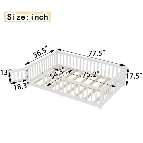 Bellemave Full Size Floor Bed with Door and Fence Floor Bed with Bed Slats Sturdy Wood Floor Bed Montessori Bed Frame (Full, Pink)