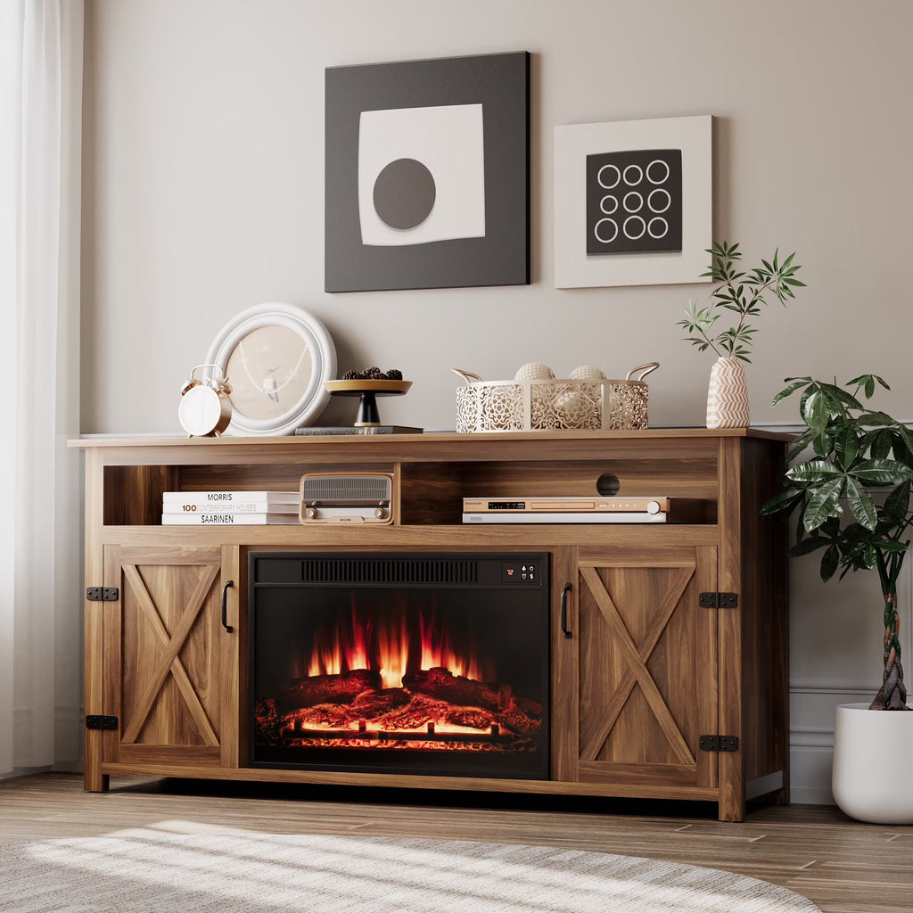 Homall Rustic 65" Television Stand with Electric Fireplace & 2 Shelves, Wood Oaken, 15.1'' W