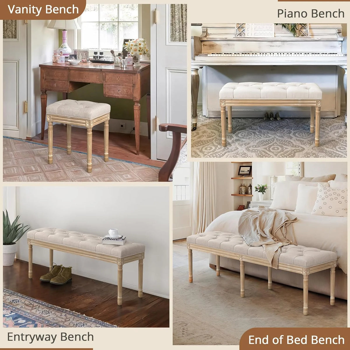Dycanpo 44'' End of Bed Bench, Vintage Upholstered Bench for Entryway, Wheat